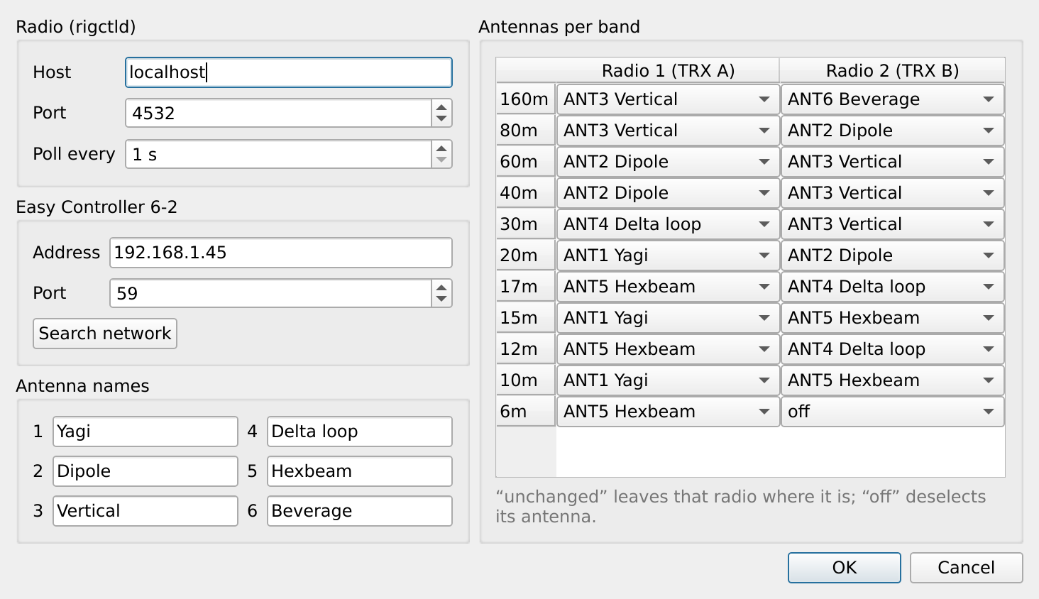 Settings: rigctld, the controller with network search, antenna names, and the antennas per band for Radio 1 and Radio 2